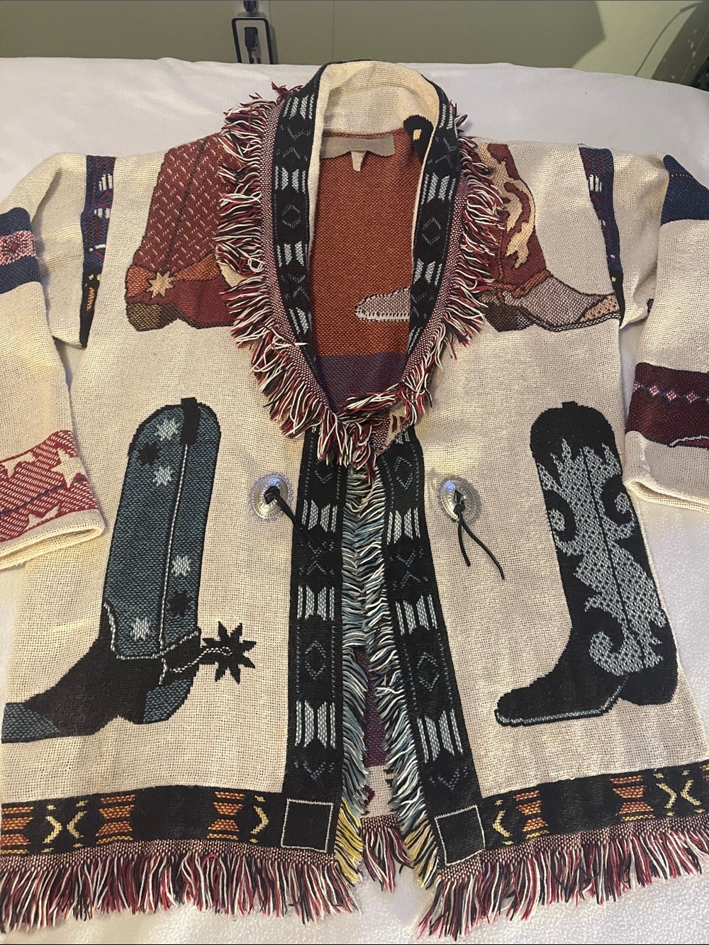 Fringe Trim Southwestern Cowboy Boot Cardigan Jacket - Cream & Multi